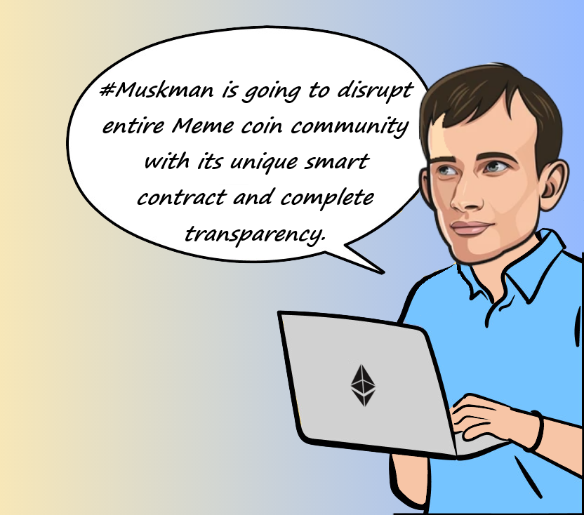 A comic book frame containing Vitalik Buterin giving the testimonial "Muskman fantastic! A #Blockchain innovation #Muskman INU which will make everyone wealthy, using Smart Contract powers for good.".